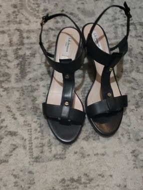 LK Bennett Black Leather T-Strap Sandals with Gold Studs